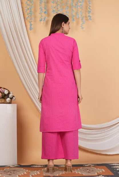 Rani Pink Cotton Katha Work Co-Ord Set for Women – Button-Down Long Kurta with Matching Wide-Leg Pants