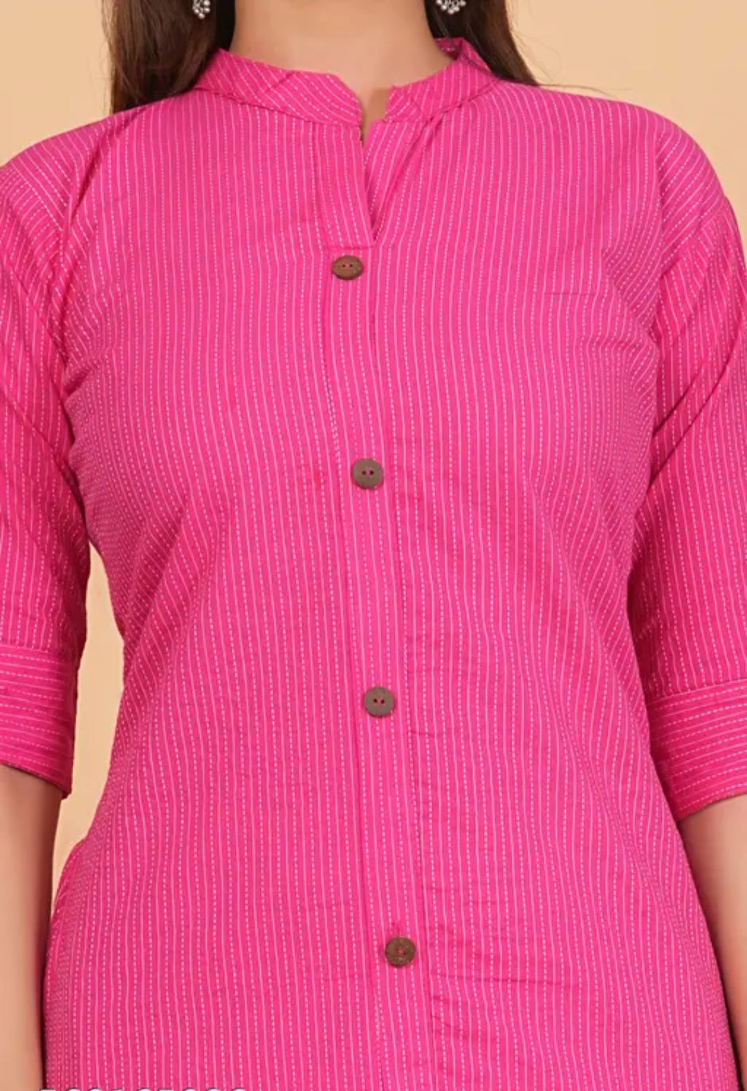 Rani Pink Cotton Katha Work Co-Ord Set for Women – Button-Down Long Kurta with Matching Wide-Leg Pants