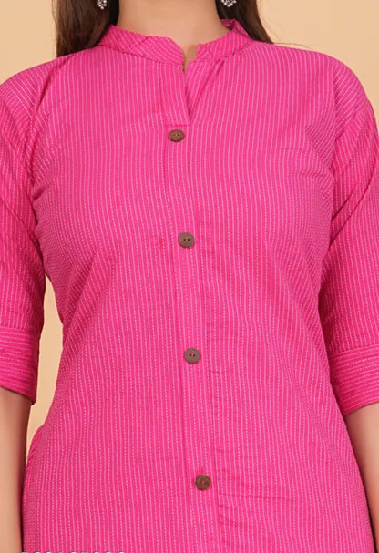 Rani Pink Cotton Katha Work Co-Ord Set for Women – Button-Down Long Kurta with Matching Wide-Leg Pants