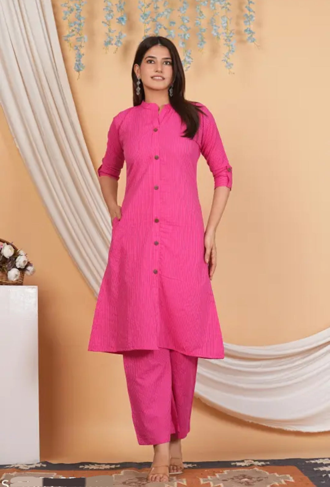 Rani Pink Cotton Katha Work Co-Ord Set for Women – Button-Down Long Kurta with Matching Wide-Leg Pants
