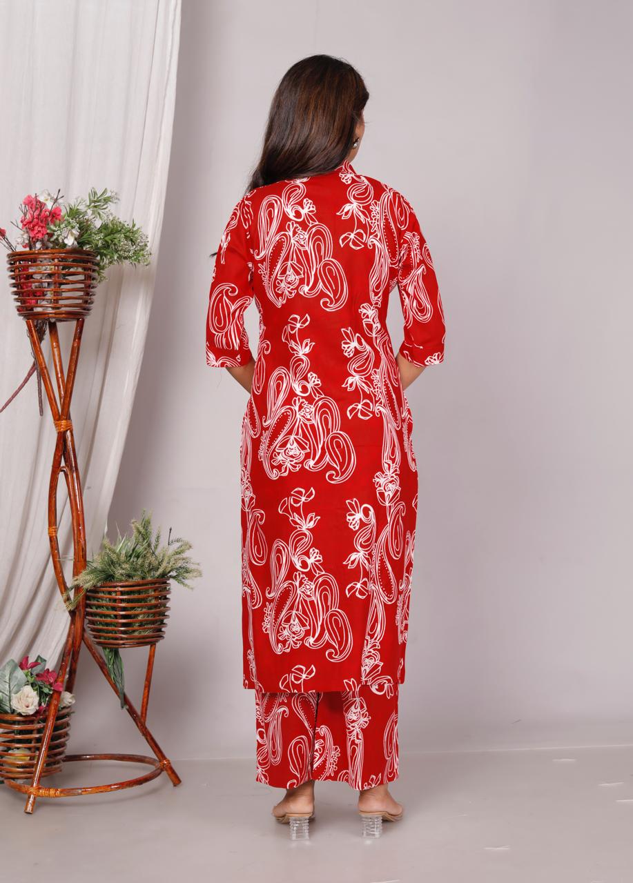 Red Printed Cotton Co-Ord Set for Women – Button-Down Long Kurta with Matching Wide-Leg Pants