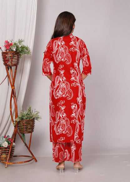 Red Printed Cotton Co-Ord Set for Women – Button-Down Long Kurta with Matching Wide-Leg Pants