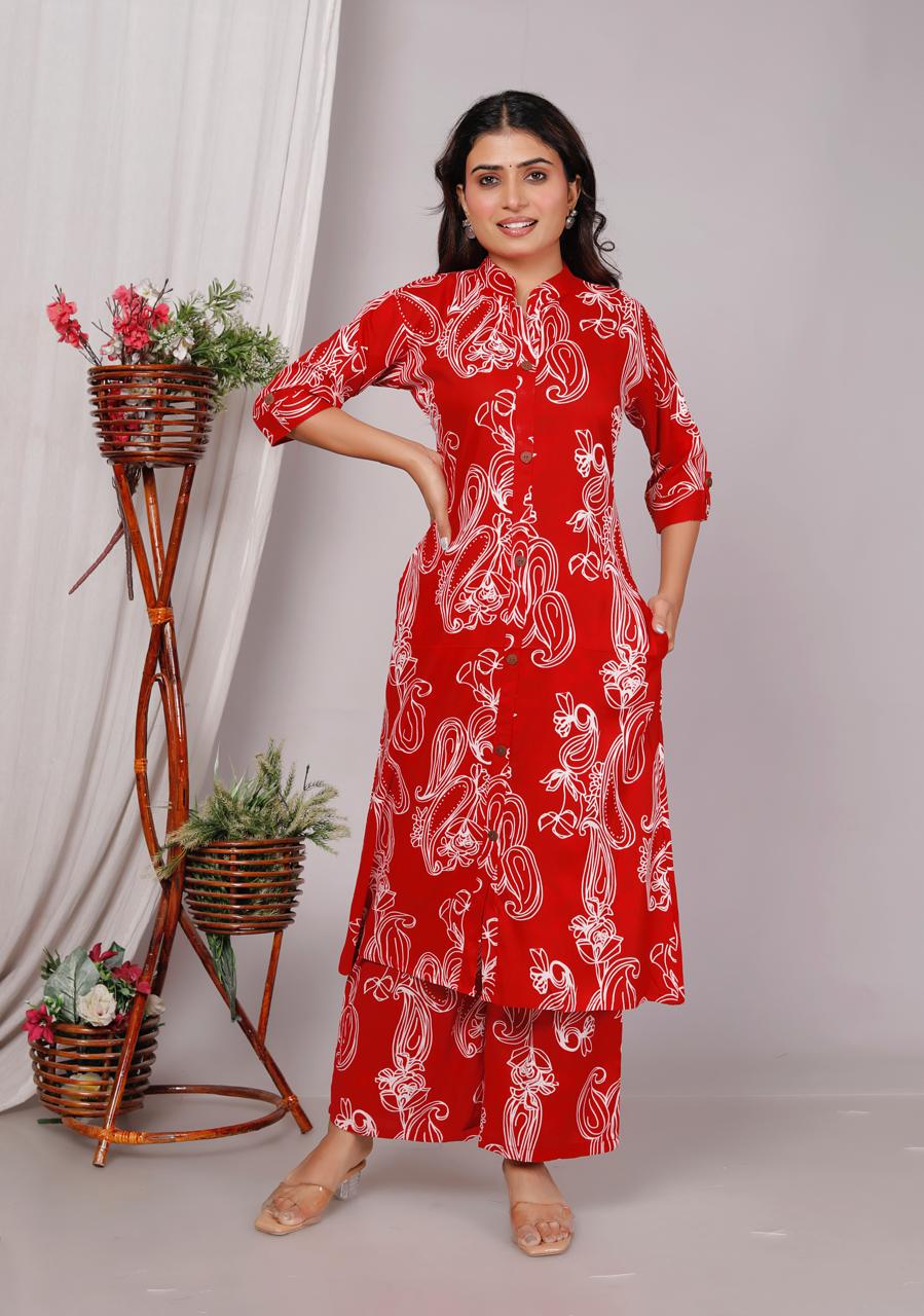 Red Printed Cotton Co-Ord Set for Women – Button-Down Long Kurta with Matching Wide-Leg Pants