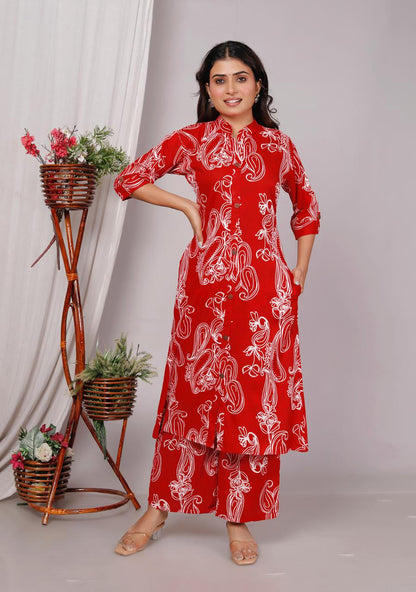 Red Printed Cotton Co-Ord Set for Women – Button-Down Long Kurta with Matching Wide-Leg Pants