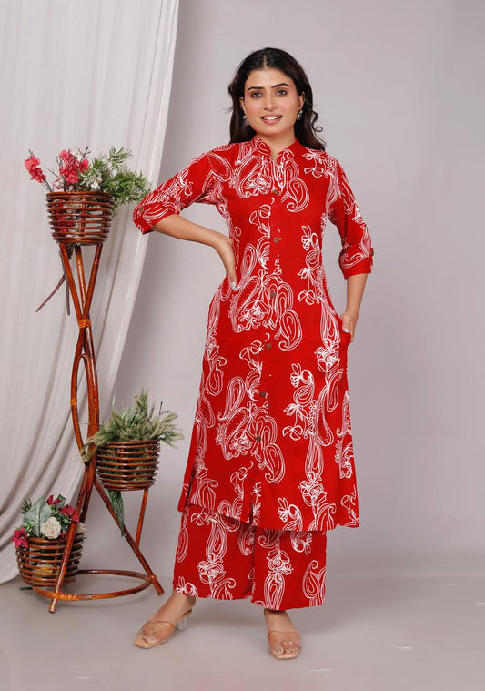 Red Printed Cotton Co-Ord Set for Women – Button-Down Long Kurta with Matching Wide-Leg Pants