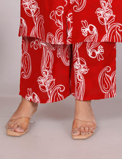 Red Printed Cotton Co-Ord Set for Women – Button-Down Long Kurta with Matching Wide-Leg Pants