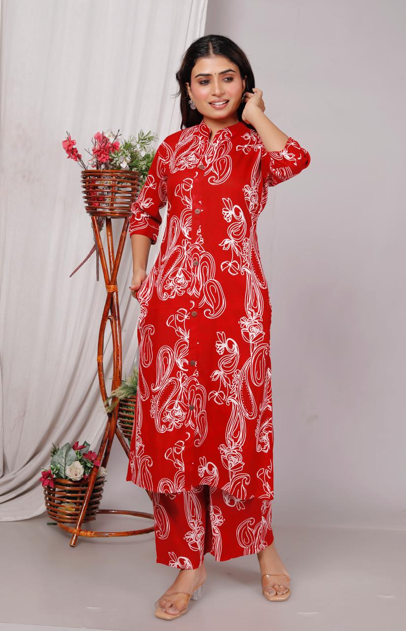 Red Printed Cotton Co-Ord Set for Women – Button-Down Long Kurta with Matching Wide-Leg Pants