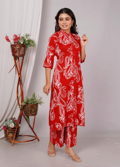 Red Printed Cotton Co-Ord Set for Women – Button-Down Long Kurta with Matching Wide-Leg Pants