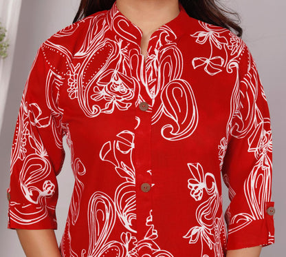 Red Printed Cotton Co-Ord Set for Women – Button-Down Long Kurta with Matching Wide-Leg Pants