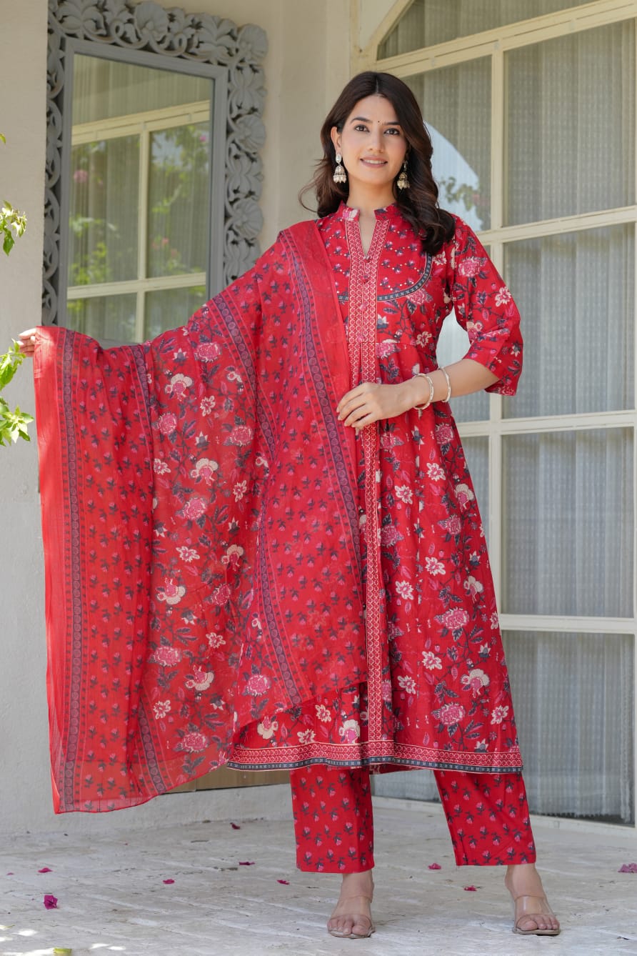 Red Floral Cotton Anarkali Kurta Set for Women – Elegant Flared Kurta with Matching Straight Pants & Printed Dupatta