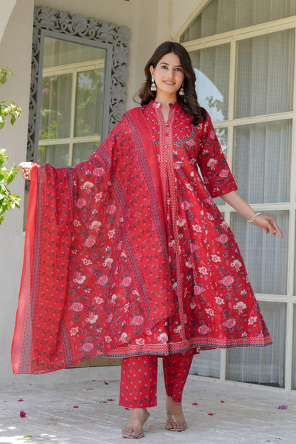 Red Floral Cotton Anarkali Kurta Set for Women – Elegant Flared Kurta with Matching Straight Pants & Printed Dupatta