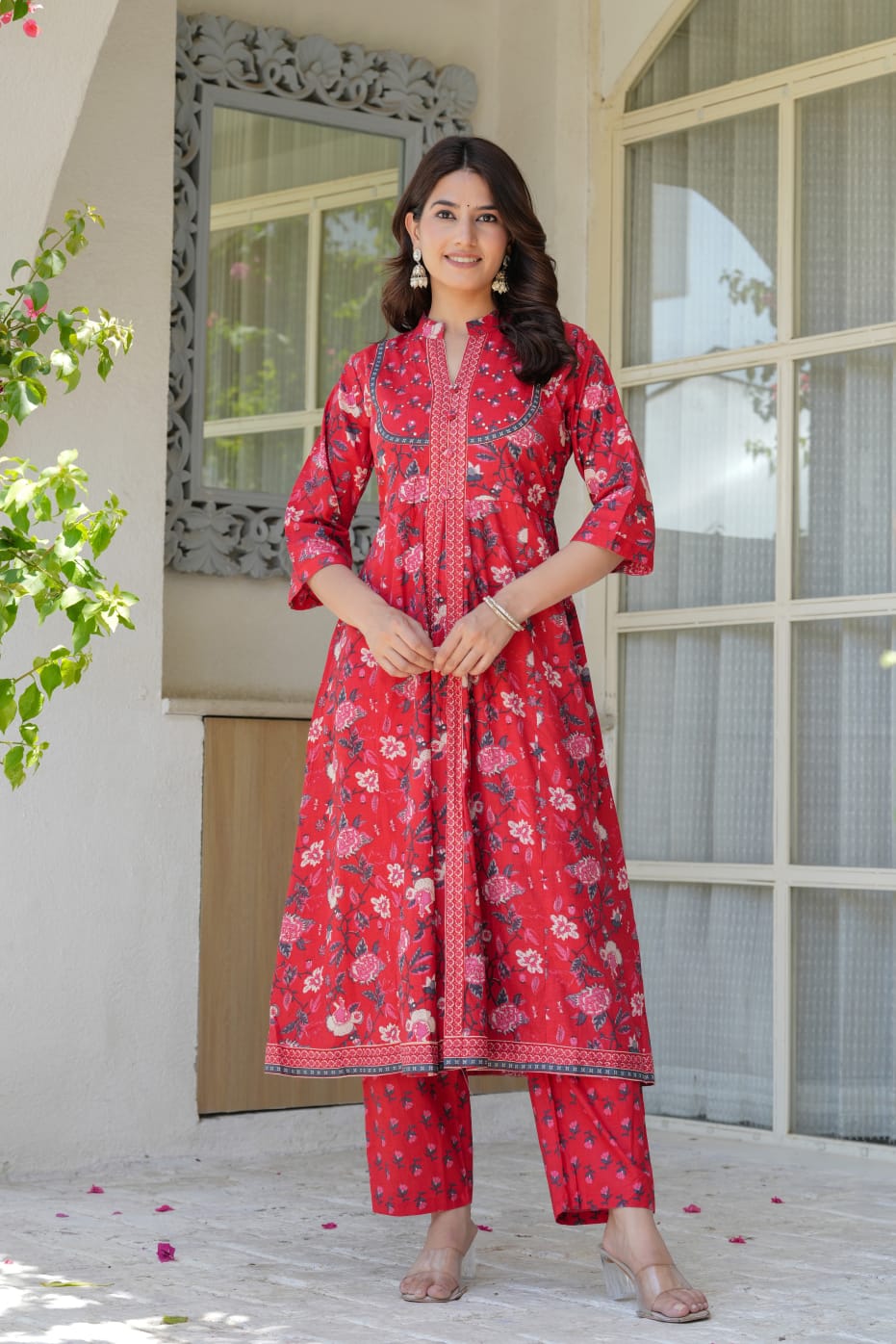Red Floral Cotton Anarkali Kurta Set for Women – Elegant Flared Kurta with Matching Straight Pants & Printed Dupatta