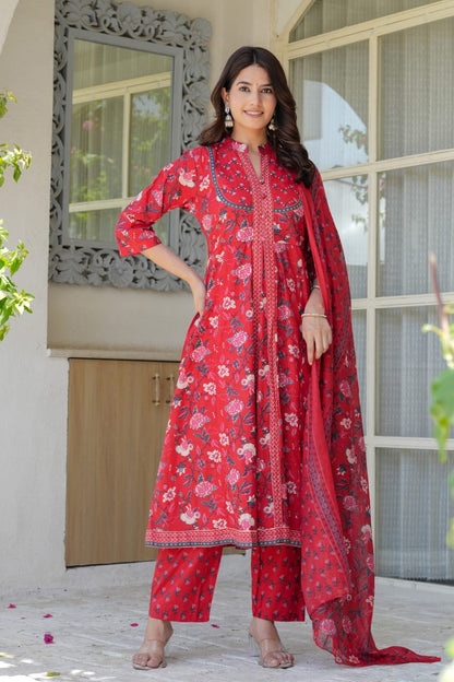 Red Floral Cotton Anarkali Kurta Set for Women – Elegant Flared Kurta with Matching Straight Pants & Printed Dupatta