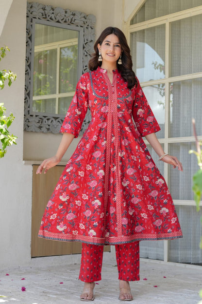 Red Floral Cotton Anarkali Kurta Set for Women – Elegant Flared Kurta with Matching Straight Pants & Printed Dupatta