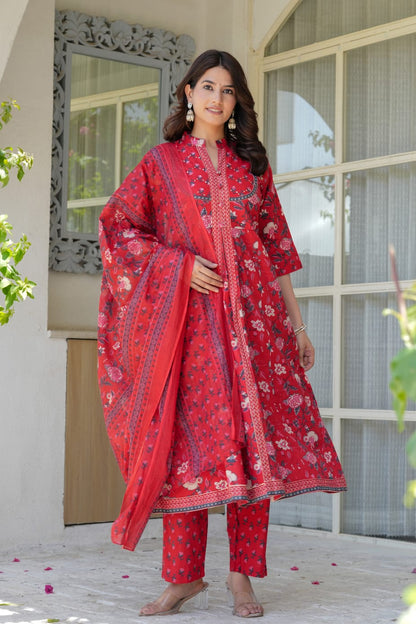 Red Floral Cotton Anarkali Kurta Set for Women – Elegant Flared Kurta with Matching Straight Pants & Printed Dupatta
