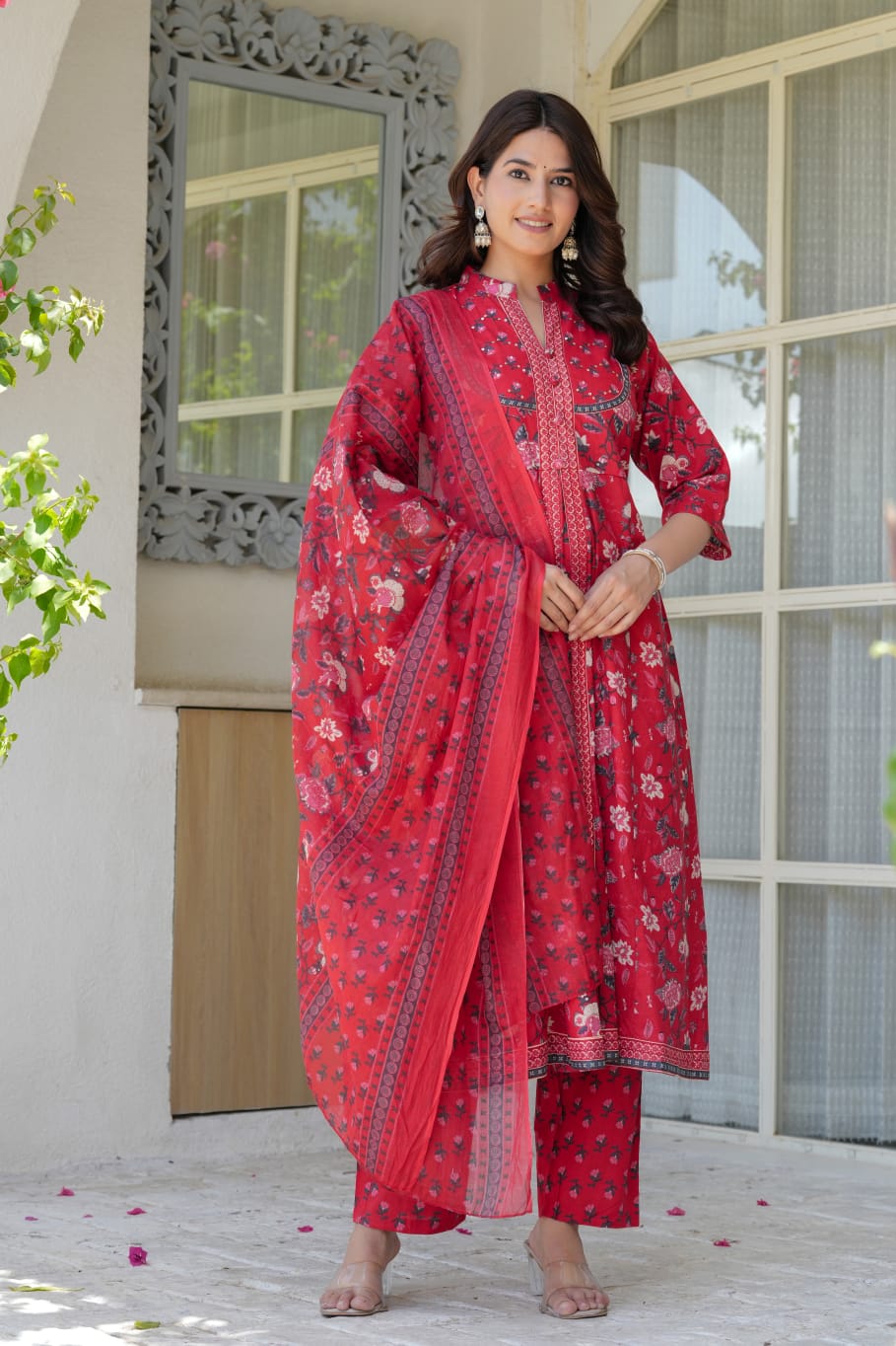 Red Floral Cotton Anarkali Kurta Set for Women – Elegant Flared Kurta with Matching Straight Pants & Printed Dupatta