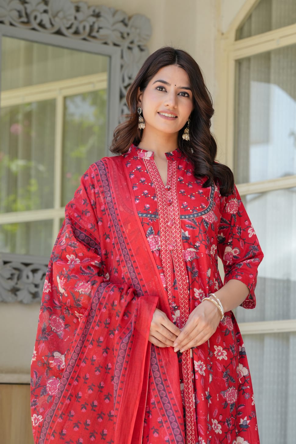 Red Floral Cotton Anarkali Kurta Set for Women – Elegant Flared Kurta with Matching Straight Pants & Printed Dupatta