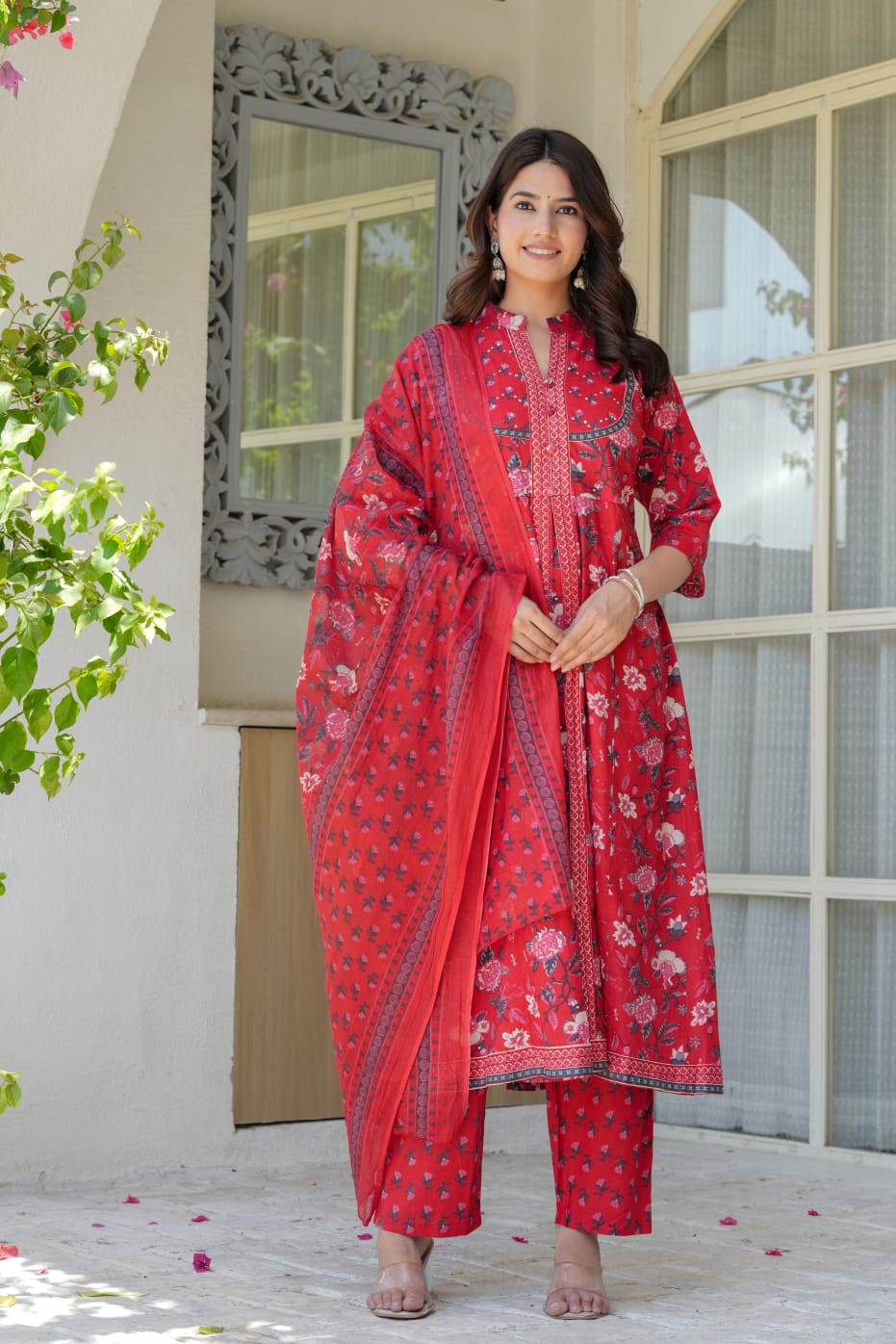 Red Floral Cotton Anarkali Kurta Set for Women – Elegant Flared Kurta with Matching Straight Pants & Printed Dupatta