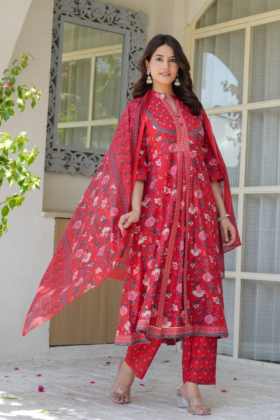 Red Floral Cotton Anarkali Kurta Set for Women – Elegant Flared Kurta with Matching Straight Pants & Printed Dupatta