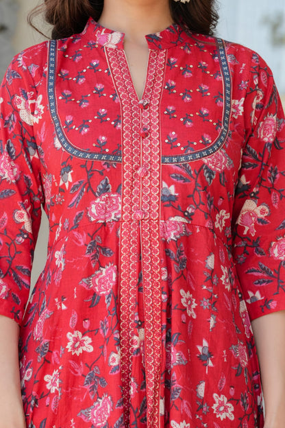 Red Floral Cotton Anarkali Kurta Set for Women – Elegant Flared Kurta with Matching Straight Pants & Printed Dupatta