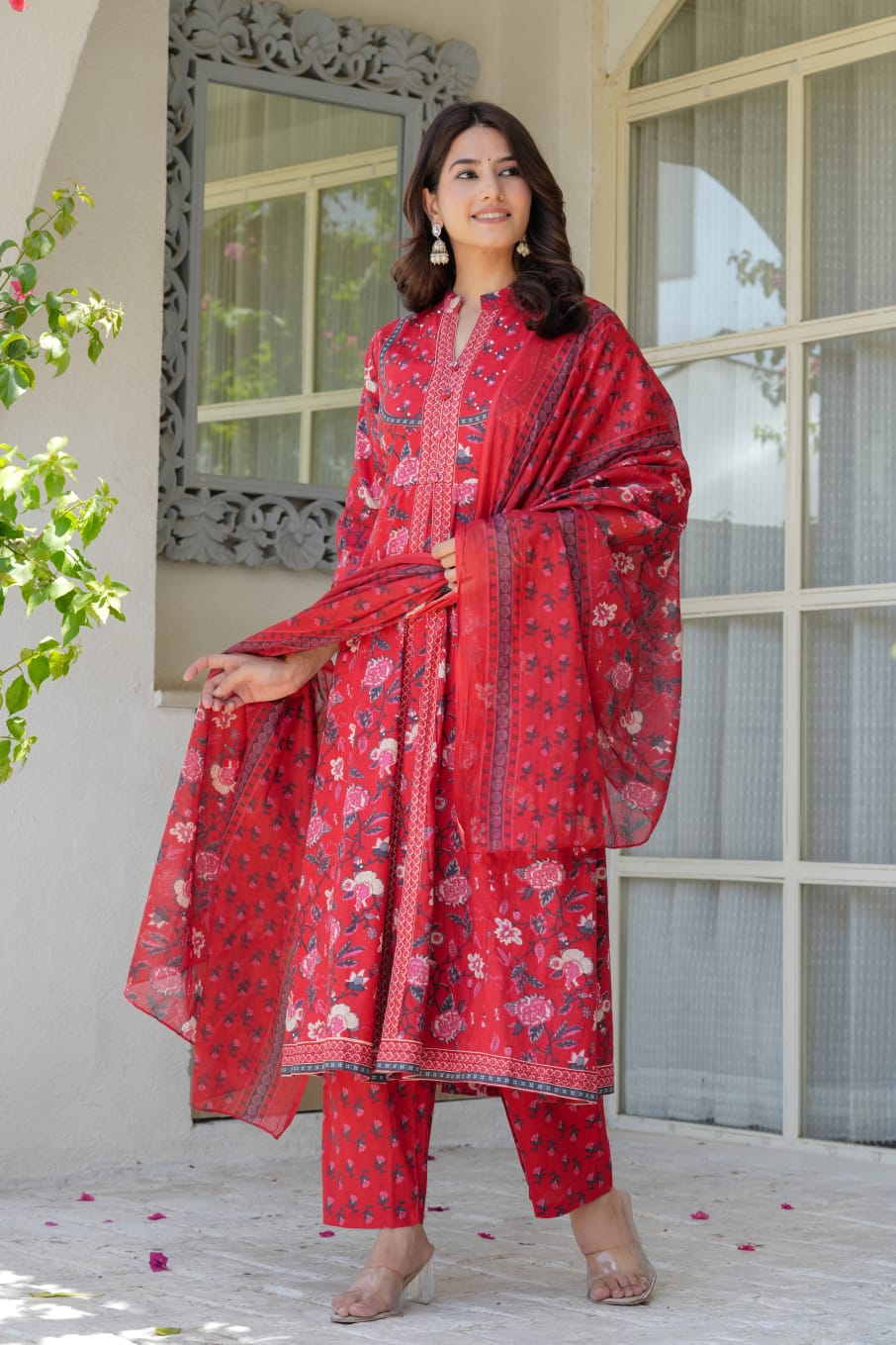 Red Floral Cotton Anarkali Kurta Set for Women – Elegant Flared Kurta with Matching Straight Pants & Printed Dupatta