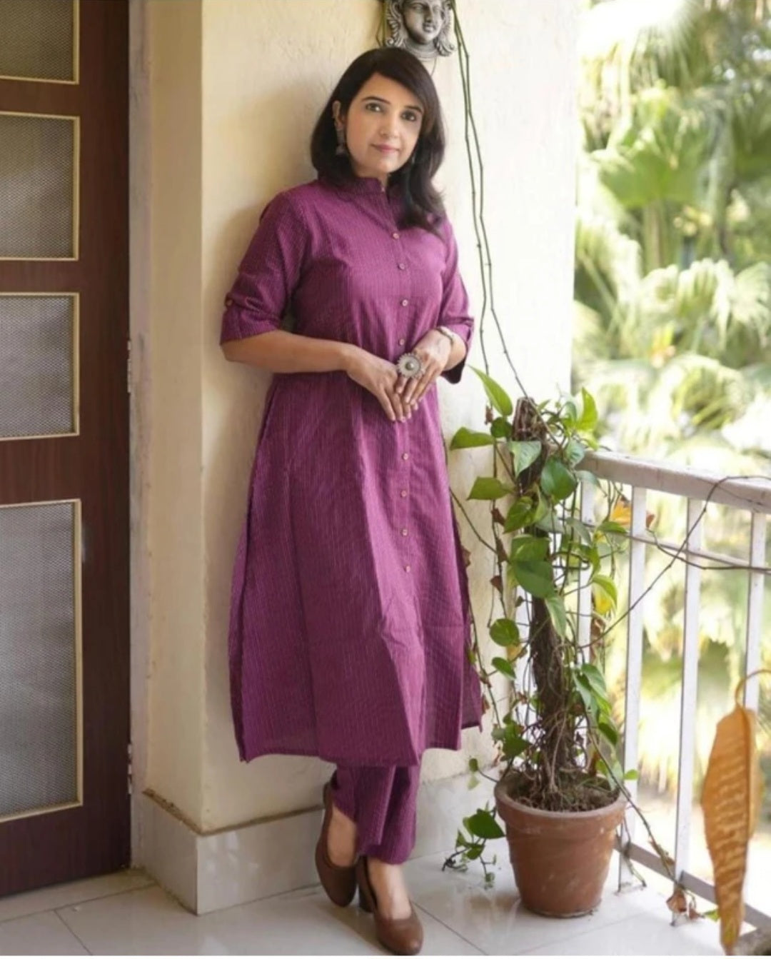Wine Cotton Textured Co-Ord Set for Women – Button-Down Long Kurta with Matching Straight Pants