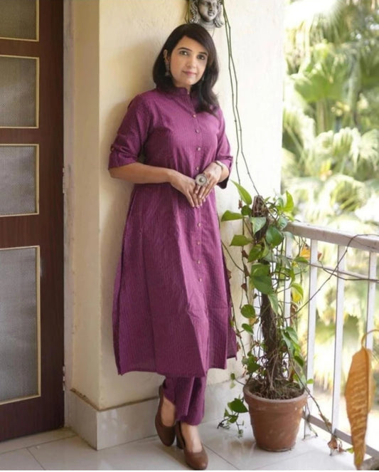 Wine Cotton Textured Co-Ord Set for Women – Button-Down Long Kurta with Matching Straight Pants