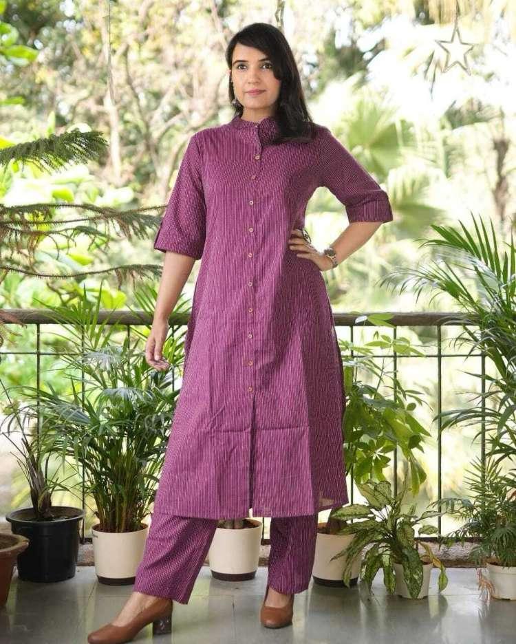 Wine Cotton Textured Co-Ord Set for Women – Button-Down Long Kurta with Matching Straight Pants