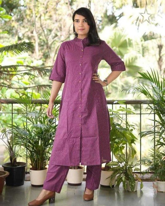 Wine Cotton Textured Co-Ord Set for Women – Button-Down Long Kurta with Matching Straight Pants