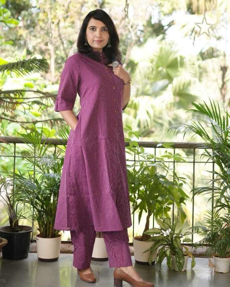 Wine Cotton Textured Co-Ord Set for Women – Button-Down Long Kurta with Matching Straight Pants