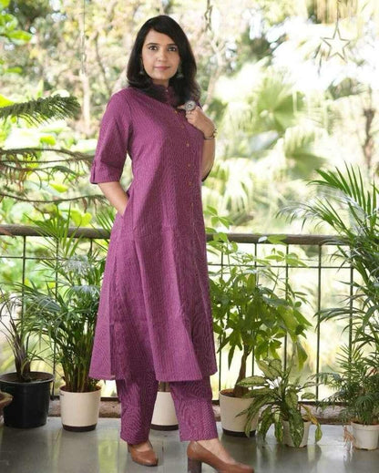 Wine Cotton Textured Co-Ord Set for Women – Button-Down Long Kurta with Matching Straight Pants