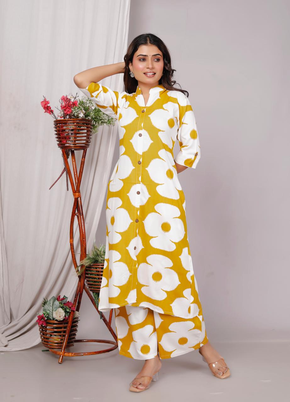 Yellow Abstract Floral Printed Co-Ord Set for Women – Button-Down Long Kurta with Matching Wide-Leg Pants