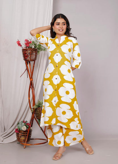 Yellow Abstract Floral Printed Co-Ord Set for Women – Button-Down Long Kurta with Matching Wide-Leg Pants