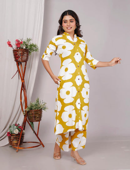 Yellow Abstract Floral Printed Co-Ord Set for Women – Button-Down Long Kurta with Matching Wide-Leg Pants