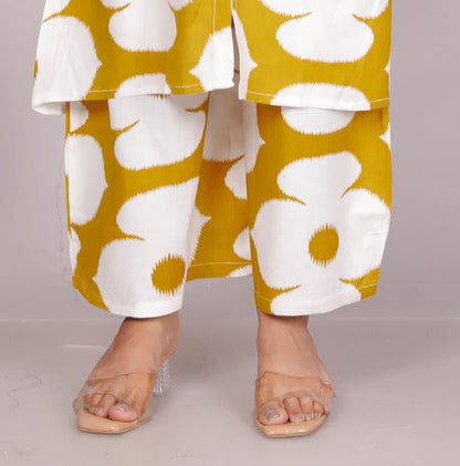 Yellow Abstract Floral Printed Co-Ord Set for Women – Button-Down Long Kurta with Matching Wide-Leg Pants