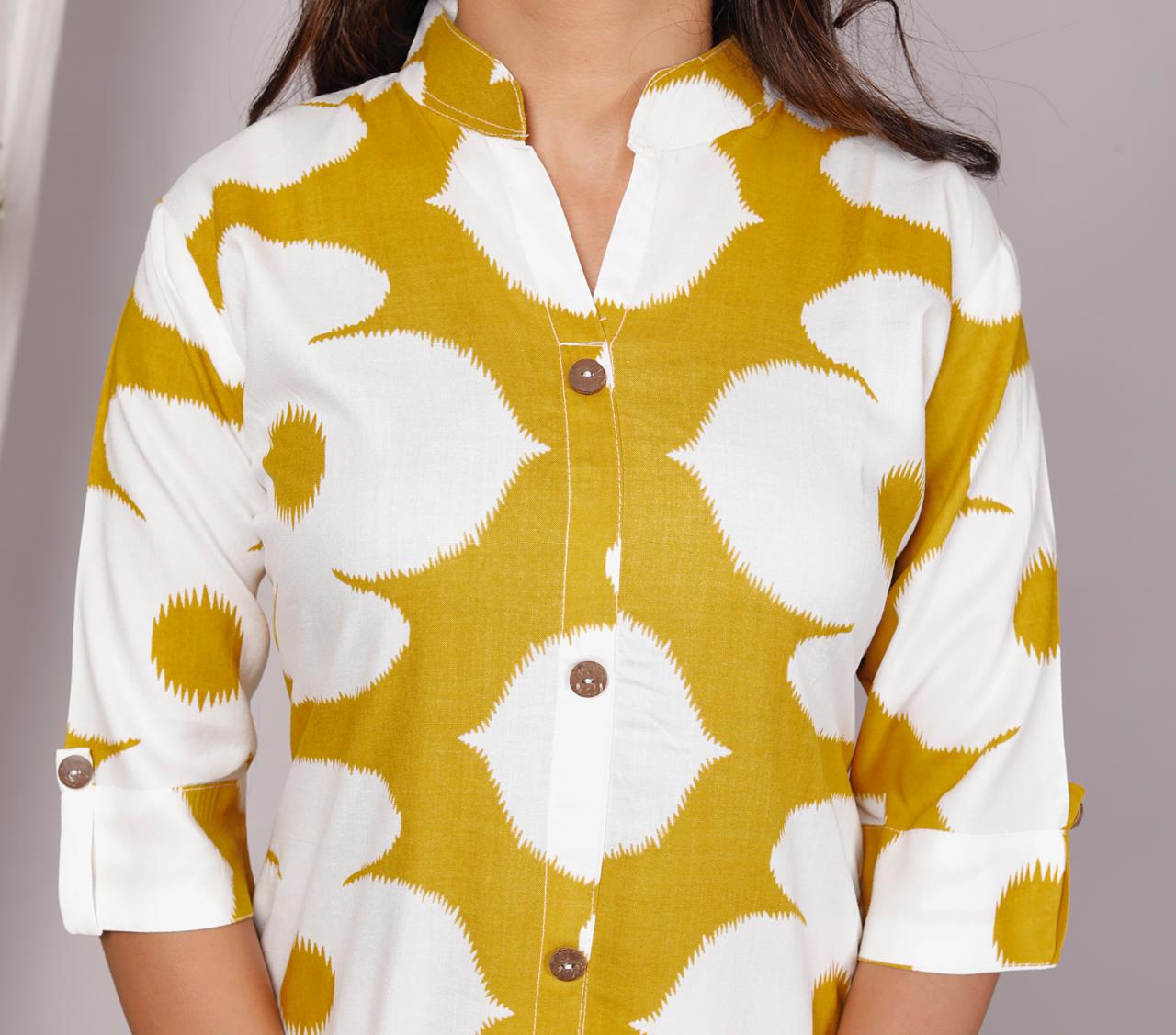 Yellow Abstract Floral Printed Co-Ord Set for Women – Button-Down Long Kurta with Matching Wide-Leg Pants