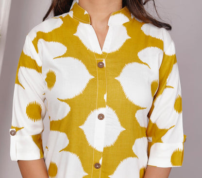 Yellow Abstract Floral Printed Co-Ord Set for Women – Button-Down Long Kurta with Matching Wide-Leg Pants