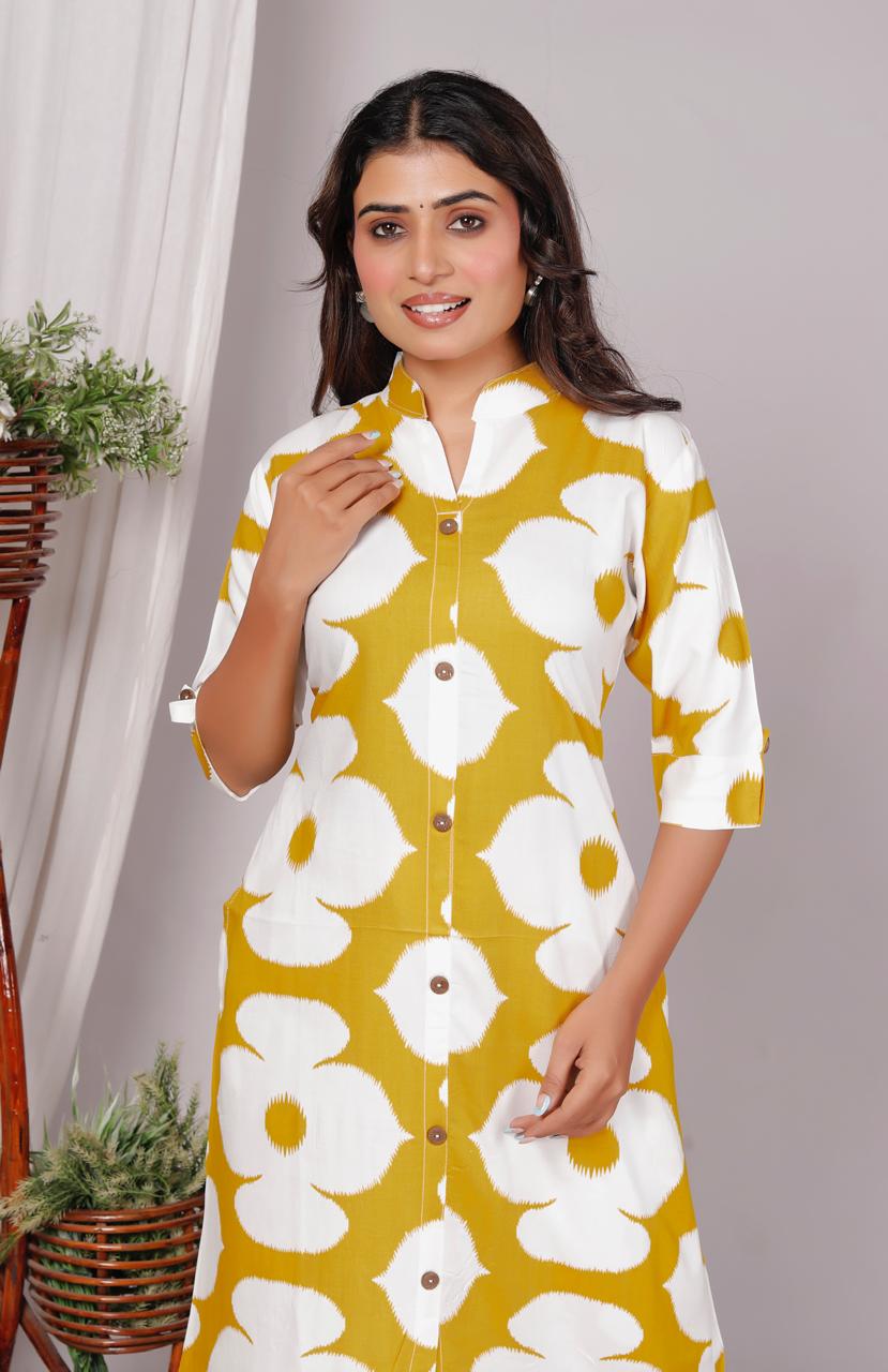 Yellow Abstract Floral Printed Co-Ord Set for Women – Button-Down Long Kurta with Matching Wide-Leg Pants