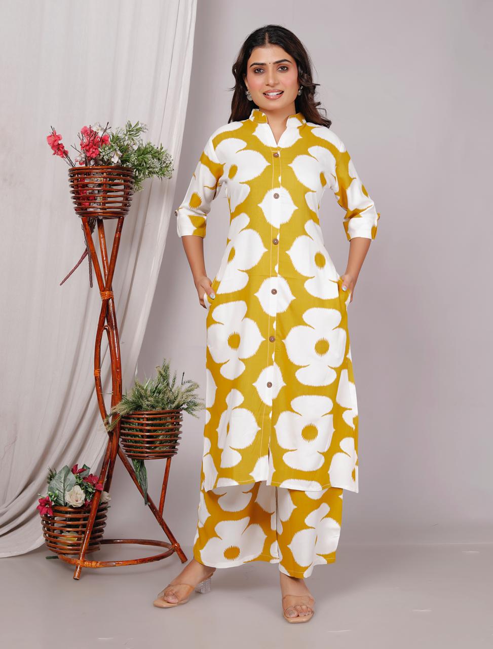Yellow Abstract Floral Printed Co-Ord Set for Women – Button-Down Long Kurta with Matching Wide-Leg Pants
