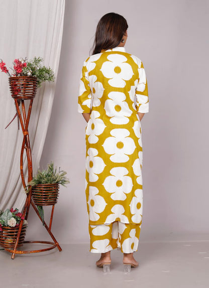Yellow Abstract Floral Printed Co-Ord Set for Women – Button-Down Long Kurta with Matching Wide-Leg Pants