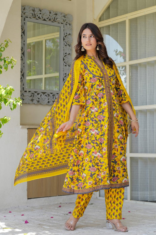 Yellow Floral Printed Anarkali Kurta Set for Women – Coordinated Pants & Flowing Dupatta | Festive & Everyday Ethnic Wear