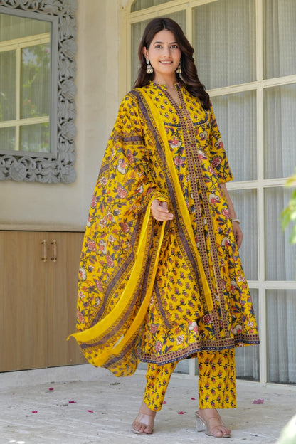 Yellow Floral Printed Anarkali Kurta Set for Women – Coordinated Pants & Flowing Dupatta | Festive & Everyday Ethnic Wear