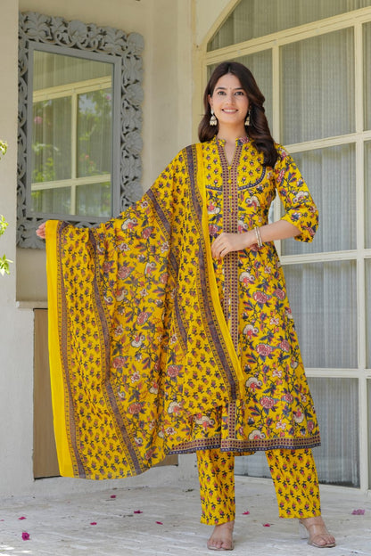 Yellow Floral Printed Anarkali Kurta Set for Women – Coordinated Pants & Flowing Dupatta | Festive & Everyday Ethnic Wear