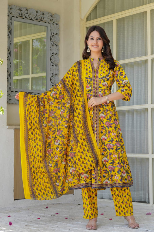 Yellow Floral Printed Anarkali Kurta Set for Women – Coordinated Pants & Flowing Dupatta | Festive & Everyday Ethnic Wear