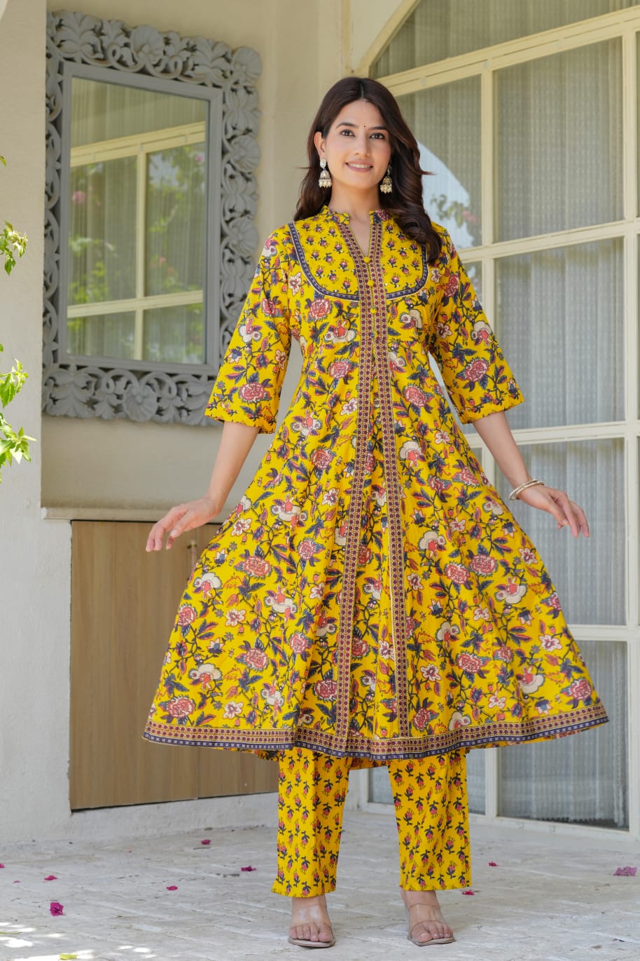 Yellow Floral Printed Anarkali Kurta Set for Women – Coordinated Pants & Flowing Dupatta | Festive & Everyday Ethnic Wear