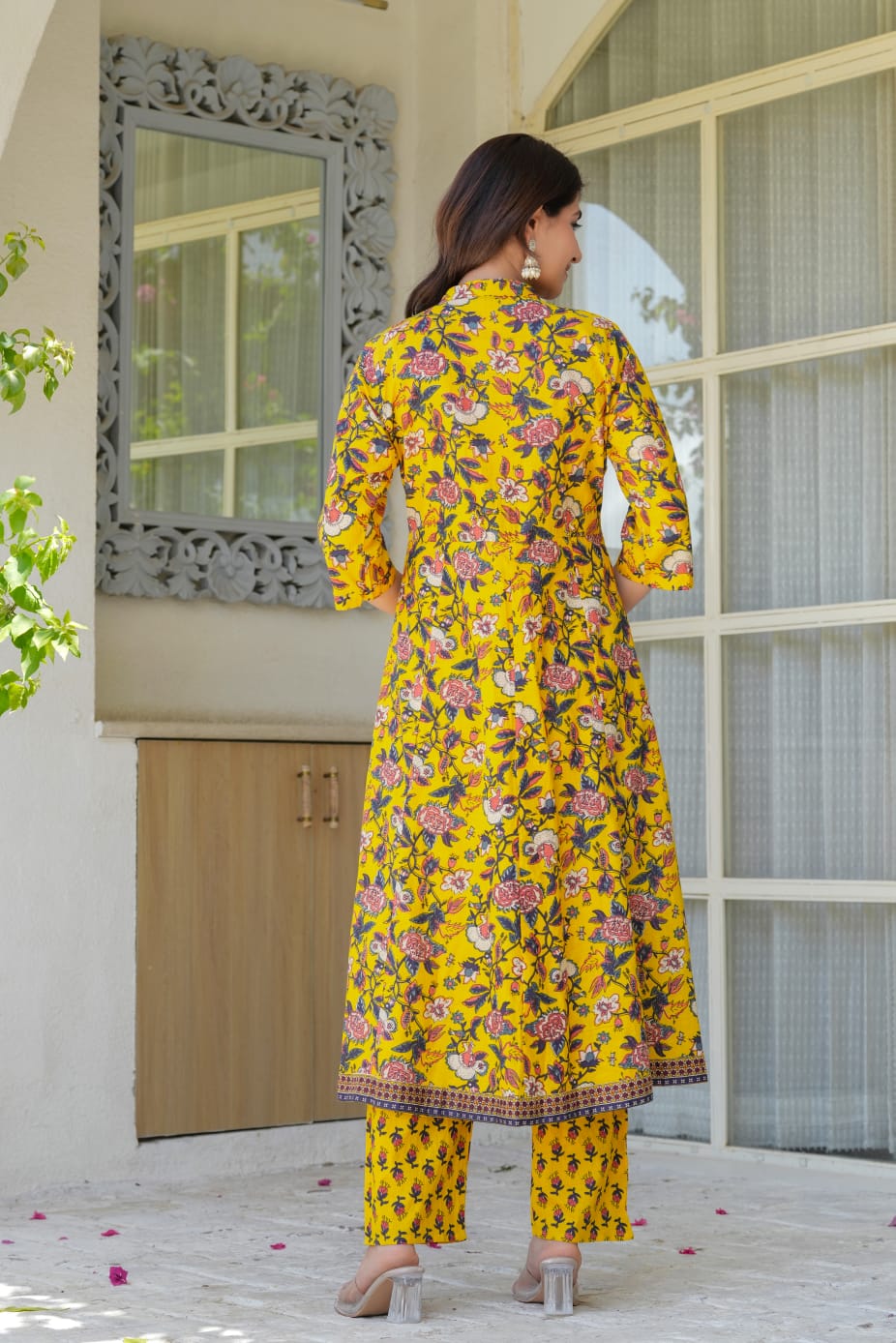 Yellow Floral Printed Anarkali Kurta Set for Women – Coordinated Pants & Flowing Dupatta | Festive & Everyday Ethnic Wear