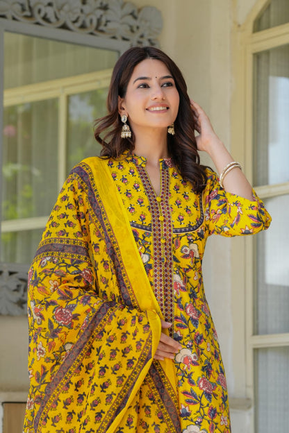 Yellow Floral Printed Anarkali Kurta Set for Women – Coordinated Pants & Flowing Dupatta | Festive & Everyday Ethnic Wear