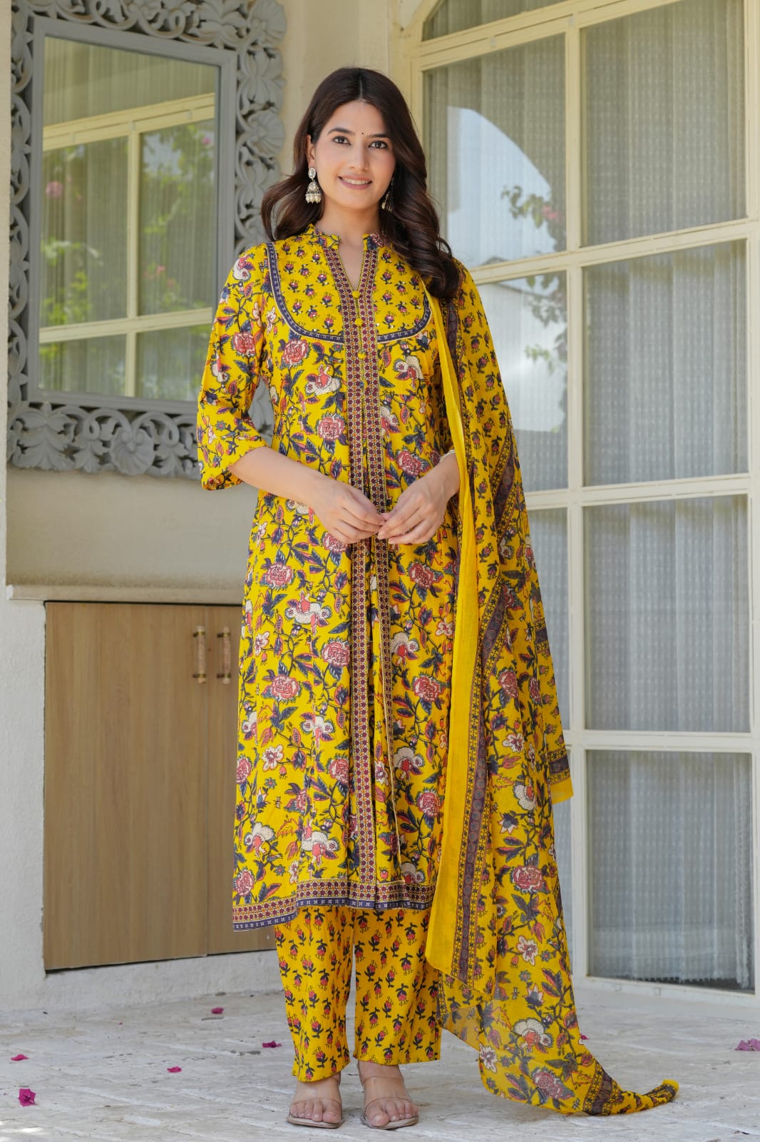 Yellow Floral Printed Anarkali Kurta Set for Women – Coordinated Pants & Flowing Dupatta | Festive & Everyday Ethnic Wear