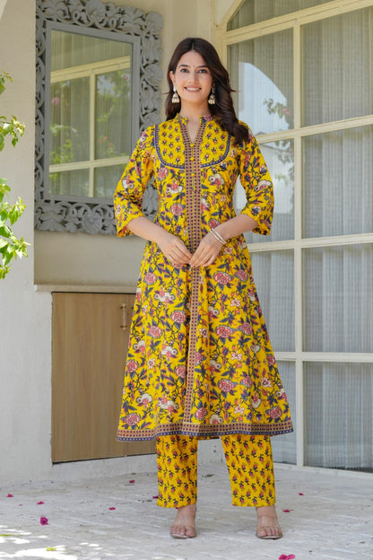 Yellow Floral Printed Anarkali Kurta Set for Women – Coordinated Pants & Flowing Dupatta | Festive & Everyday Ethnic Wear