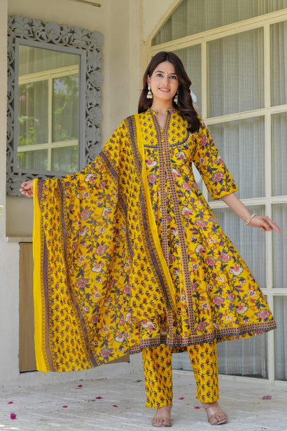 Yellow Floral Printed Anarkali Kurta Set for Women – Coordinated Pants & Flowing Dupatta | Festive & Everyday Ethnic Wear